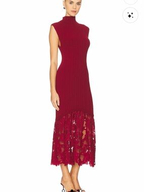 SAYLOR Sleeveless Ribbed Midi Dress with Lace Hem - Burgundy